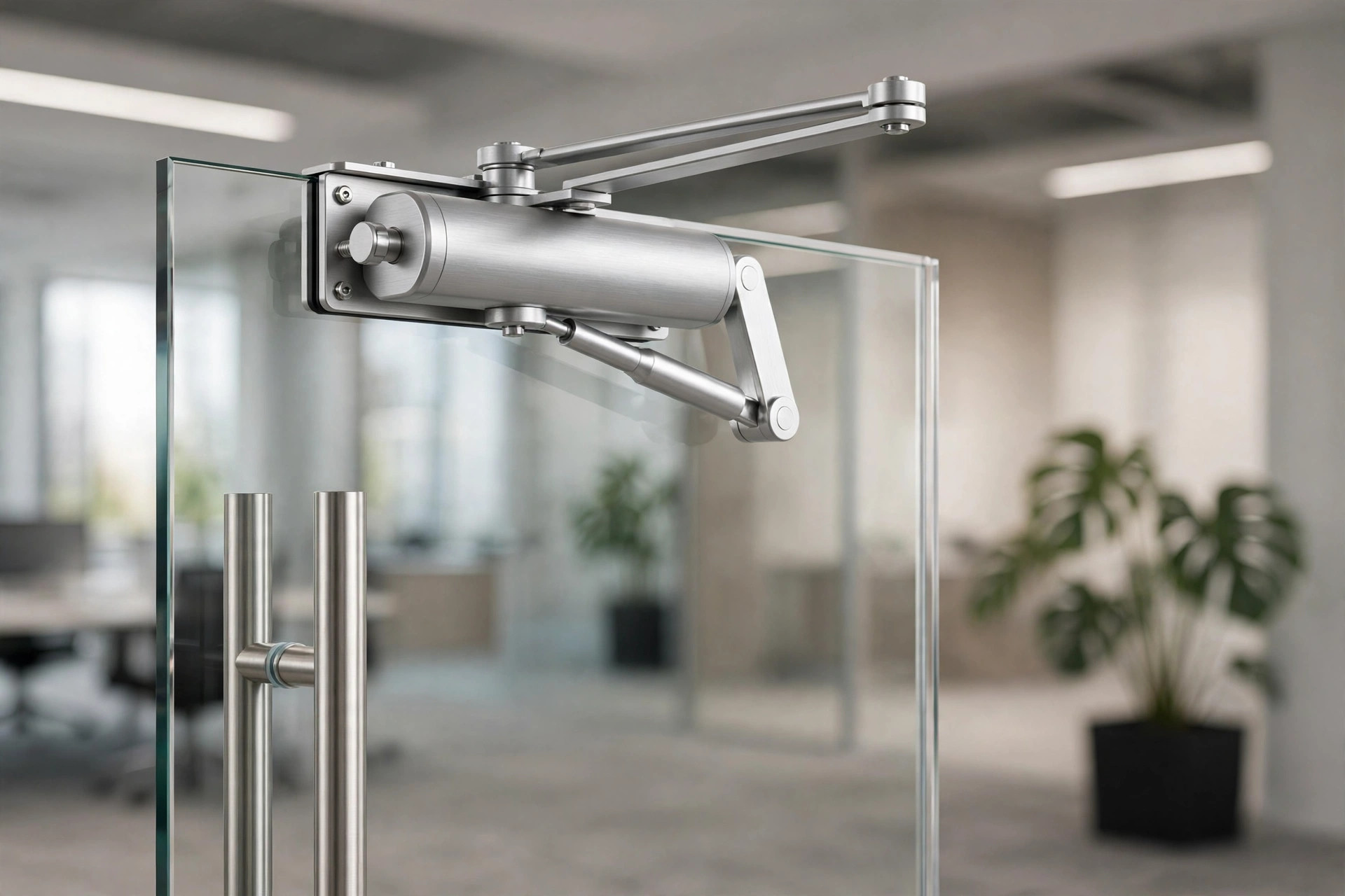 Commercial door closer — tuned for high-traffic entrances.